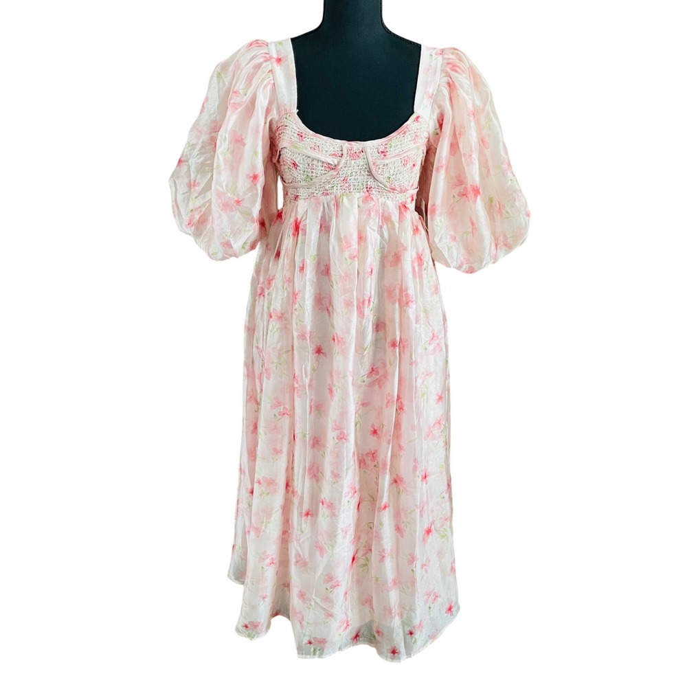 NWT Worth Collective Harlow Smocked Maxi Dress Puff Sleeve Pink Floral Chiffon S - Picture 2 of 12
